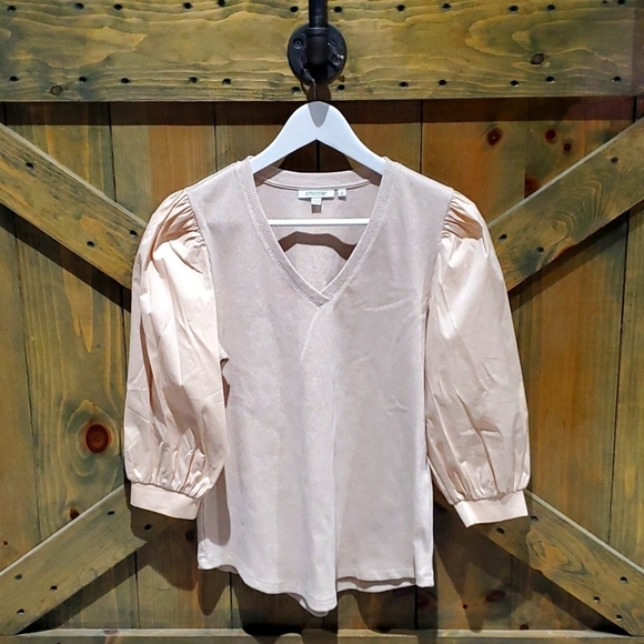 CHICOS CASUAL CREAM RIB MIX V NECK TOP  W PUFF BALLOON SLEEVES SIZE 1 - Picture 2 of 10